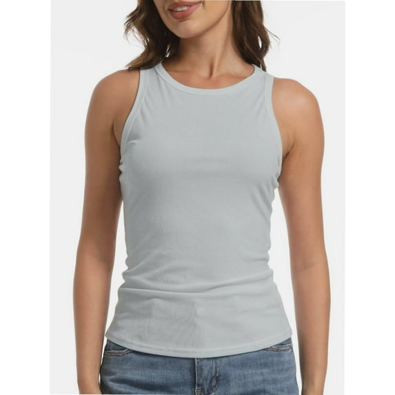 Women's Ribbed Sleeveless Crew Neck Summer Top Casual Basic Strap Tank Top