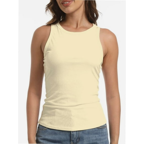 Women's Ribbed Sleeveless Crew Neck Summer Top Casual Basic Strap Tank Top
