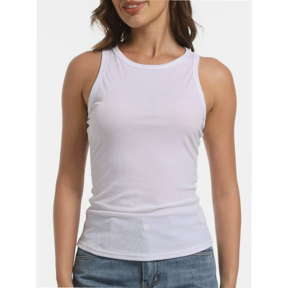 Women's Ribbed Sleeveless Crew Neck Summer Top Casual Basic Strap Tank Top