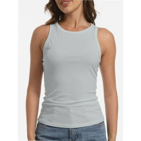 Women's Ribbed Sleeveless Crew Neck Summer Top Casual Basic Strap Tank Top