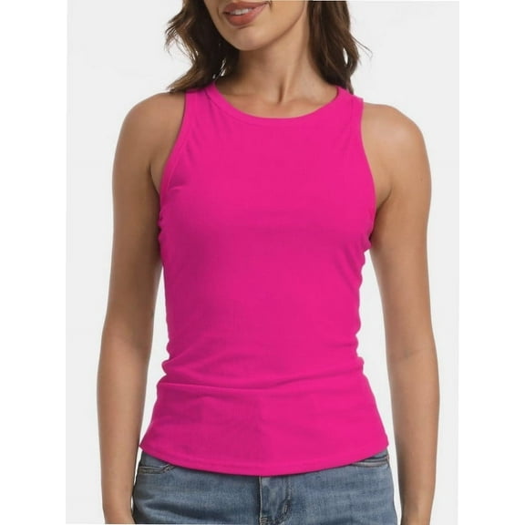 Women's Ribbed Sleeveless Crew Neck Summer Top Casual Basic Strap Tank Top
