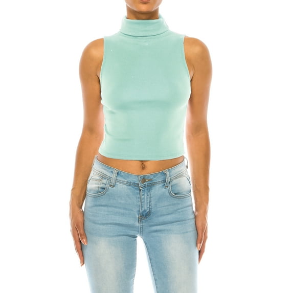 Women's Ribbed Sleeveless High Turtleneck Fitted Knit Crop Tank Top