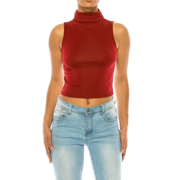 Women's Ribbed Sleeveless High Turtleneck Fitted Knit Crop Tank Top