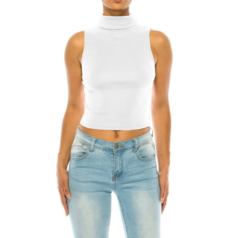 Women's Ribbed Sleeveless High Turtleneck Fitted Knit Crop Tank Top