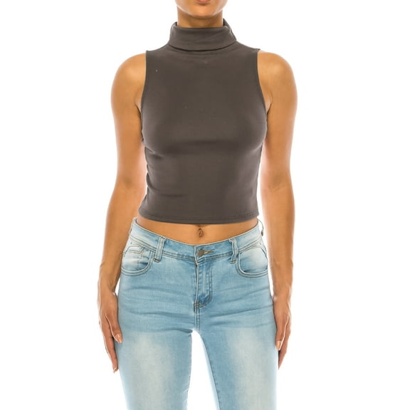 Women's Ribbed Sleeveless High Turtleneck Fitted Knit Crop Tank Top