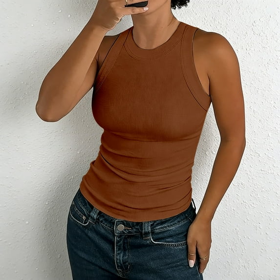 Women's Ribbed Sleeveless Tank Top, Racerback Thick Strap Casual Camisole, Solid Color Basic Cami for Women, Summer Layering Tops, Everyday Basic Casual Tops for Women Brown XL