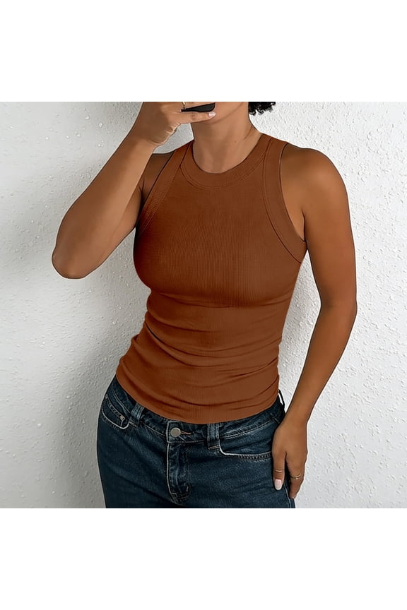 Women's Ribbed Sleeveless Tank Top, Racerback Thick Strap Casual Camisole, Solid Color Basic Cami for Women, Summer Layering Tops, Everyday Basic Casual Tops for Women Brown XXL