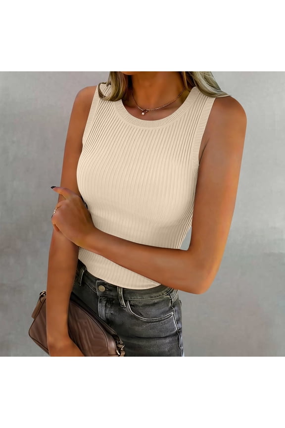 Women's Ribbed Sleeveless Tank Top, Slimming Knit Pullover Sweater, Solid Color Round Neck Base Layer, Versatile Casual Top, Everyday Basic Beige A