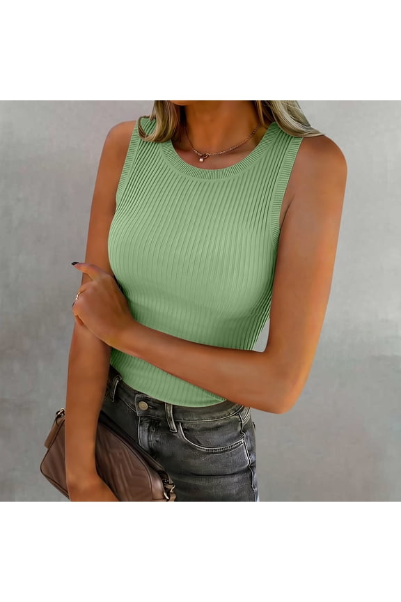 Women's Ribbed Sleeveless Tank Top, Slimming Knit Pullover Sweater, Solid Color Round Neck Base Layer, Versatile Casual Top, Everyday Basic Green A
