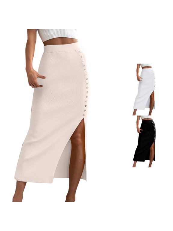 Women's Ribbed Slim Black Tight Side Slit Button Down Skirt Plaid Skirts