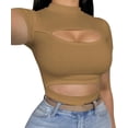 thumbnail image 1 of Women's Ribbed Slim Fit Crop Top Cut Out Basic Tees Mock Neck Short Sleeve T-Shirts Outdoor Athletic Sexy Blouse for Girls, 1 of 5