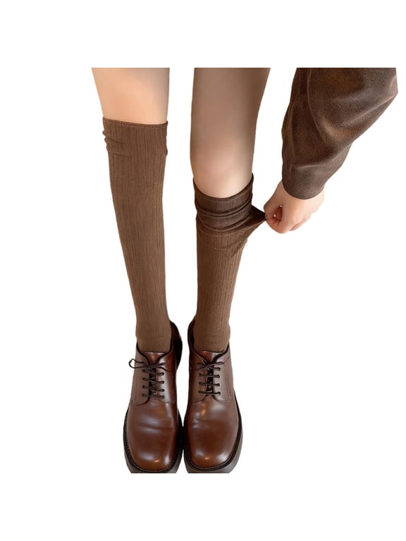 Women’s Ribbed Slouch Knee-High Socks, Coffee Brown, Fits EU Shoe Sizes 35-40, vertical rib texture, polyester, stacked calf styling