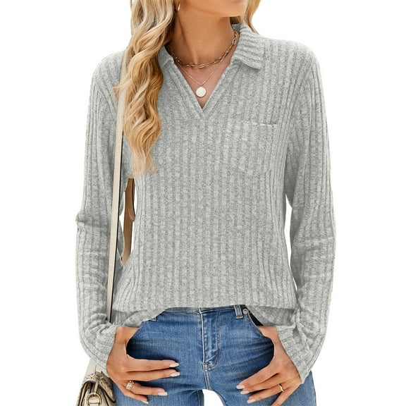 Women’s Ribbed Solid Color Pullover Shirt, Long Sleeve Casual Knit Top with Collar and Pocket, Comfortable Loose Fit Sweater Light Gray