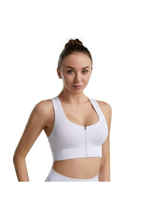 Women's Ribbed Sports Bra Zip Front Closure Wirefree Running Bra Padded Racerback Push up Tank Top Workout Gym Yoga Bras,White S