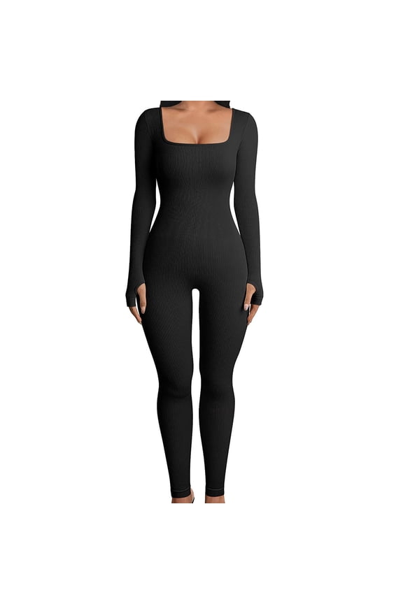 Women’s Ribbed Square-Neck Active Jumpsuit, Sexy Slim Fit Yoga One-Piece Outfit, Butt-Lifting Long/Short Sleeve Athleisure Romper, Stretchy Workout Bodysuit for Daily Fashion