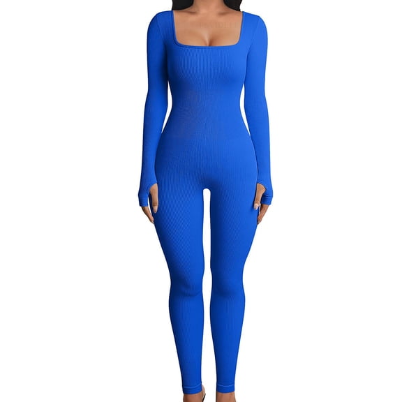 Women’s Ribbed Square-Neck Active Jumpsuit, Sexy Slim Fit Yoga One-Piece Outfit, Butt-Lifting Long/Short Sleeve Athleisure Romper, Stretchy Workout Bodysuit for Daily Fashion
