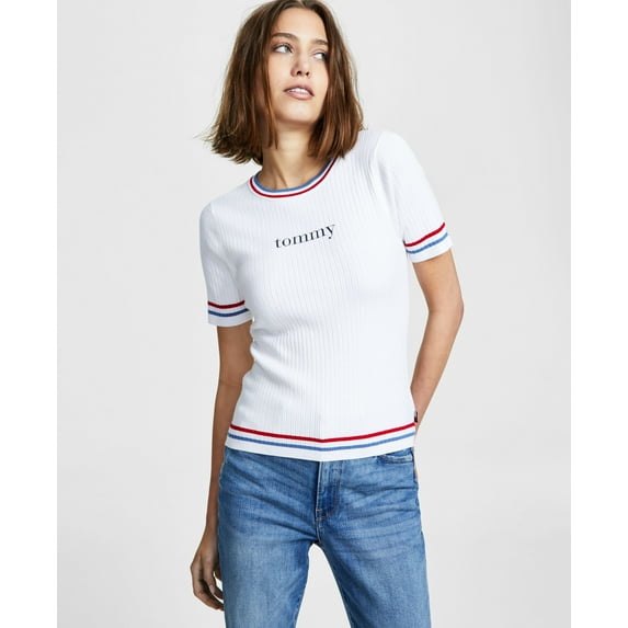 Women's Ribbed Striped-Trim Sweater Bright White XL