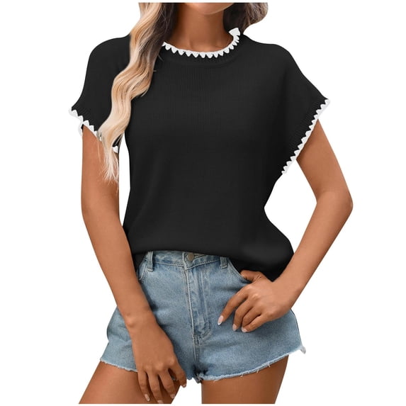 Women's Ribbed Sweater Crew Neck Short Sleeve Loose Fit Knit Pullover Tops 2026 Spring Summer Trendy Casual Clothes