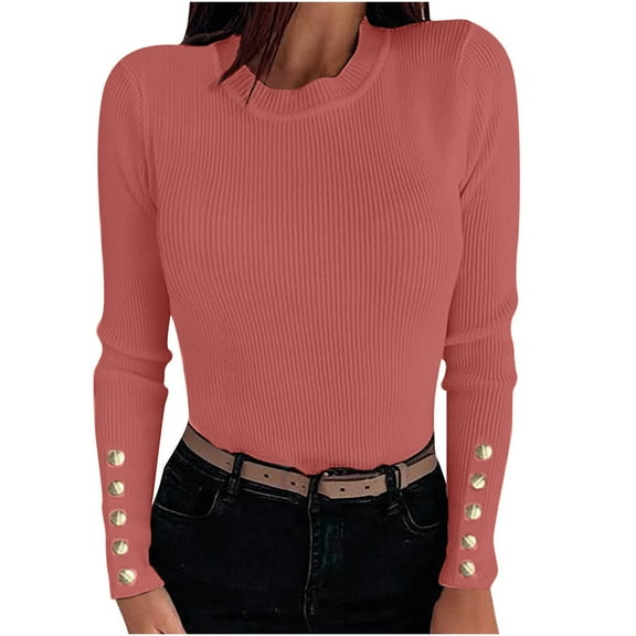 Women's Ribbed Sweaters Button Long Sleeve Crewneck Slim Fit Tunic Tops Tight Solid Pullover Fall Undershirts