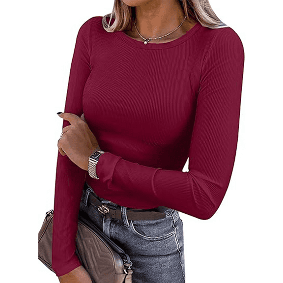 Women's Ribbed T-Shirt, Casual, Long Sleeve, Slim Fit, Deep Red, Size XXXL