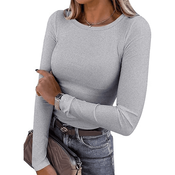Women's Ribbed T-Shirt, Casual, Long Sleeve, Slim Fit, Grey, Size XXL