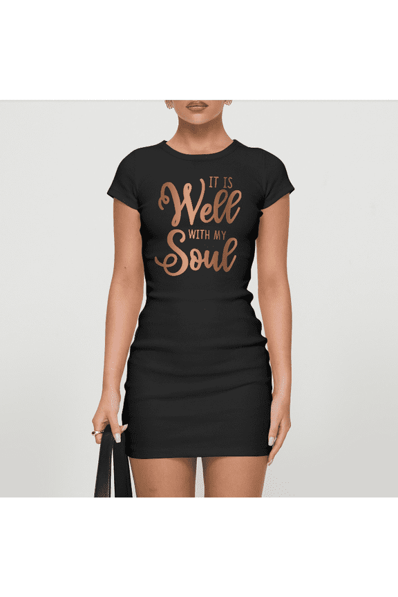 Women's Ribbed T Shirt Dress, Summer Tank Dress with "It Is Well With My Soul" Graphic Print, Bodycon Mini Dress for Casual Daily Wear