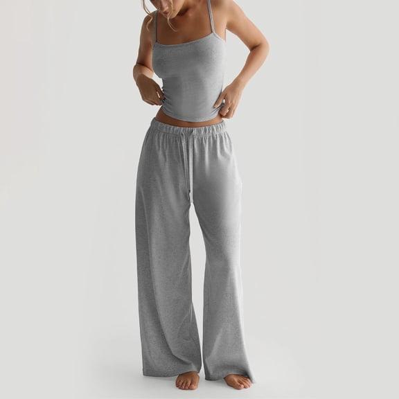 Women's Ribbed Tank Top and Oversized Wide Leg Pants Set, Soft Casual Loungewear Two Piece Outfit with Drawstring Waist, Relaxed Lazy Style Home Wear Suit for Daily Lounge and Casual Wear Light Ashy