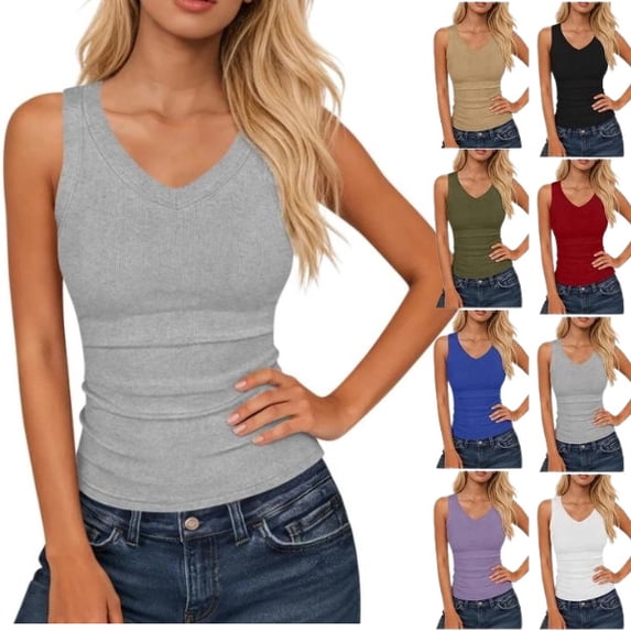 Women’s Ribbed Tank Top Sleeveless V Neck Fitted Basic Top Soft Stretch Casual Slim Fit Solid Color Summer Layering Shirt for Daily Wear Gym Workout,Gray XL