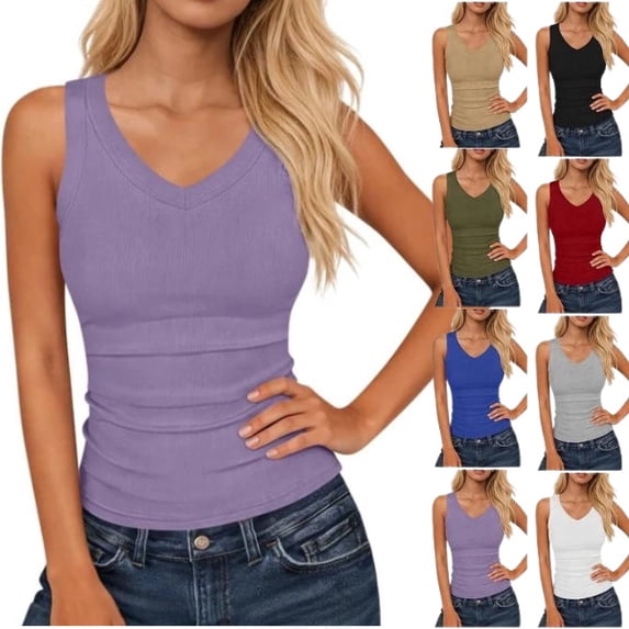 Women’s Ribbed Tank Top Sleeveless V Neck Fitted Basic Top Soft Stretch Casual Slim Fit Solid Color Summer Layering Shirt for Daily Wear Gym Workout,Purple M