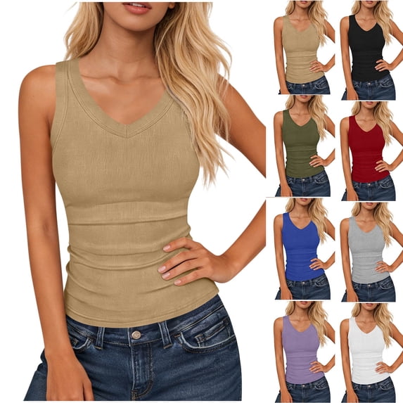 Women’s Ribbed Tank Top Sleeveless V Neck Fitted Basic Top Soft Stretch Casual Slim Fit Solid Color Summer Layering Shirt for Daily Wear Gym Workout