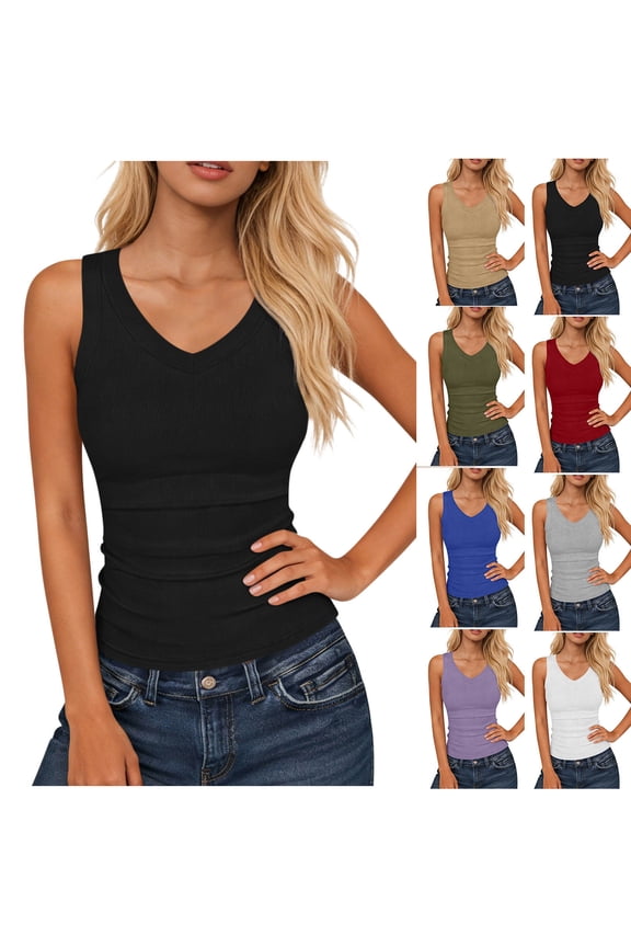 Women’s Ribbed Tank Top Sleeveless V Neck Fitted Basic Top Soft Stretch Casual Slim Fit Solid Color Summer Layering Shirt for Daily Wear Gym Workout