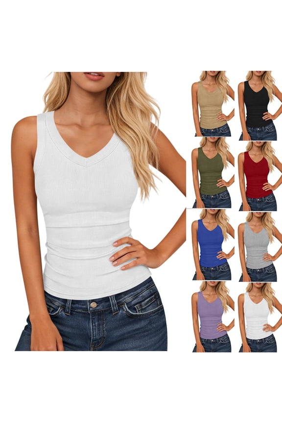 Women’s Ribbed Tank Top Sleeveless V Neck Fitted Basic Top Soft Stretch Casual Slim Fit Solid Color Summer Layering Shirt for Daily Wear Gym Workout