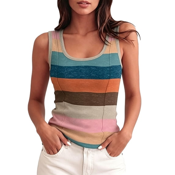 Women's Ribbed Tank Top Summer Sleeveless Fitted Wide Neck Basic Casual Shirt