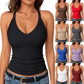 Womens Racerback Solid Color Tank Tops Summer V Neck Ribbed Basic Casual Camisole Top Slim Fit Workout Shirt, L