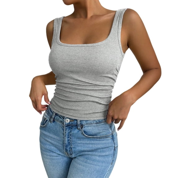 Women's Ribbed Tank Tops Low Cut Tank Tops Ribbed Sleeveless Summer Tank Tops for Women Thick Strap Tank Tops Yoga Athletic Running Sports Crop Tops Sport Tank Tops for Women Gray L