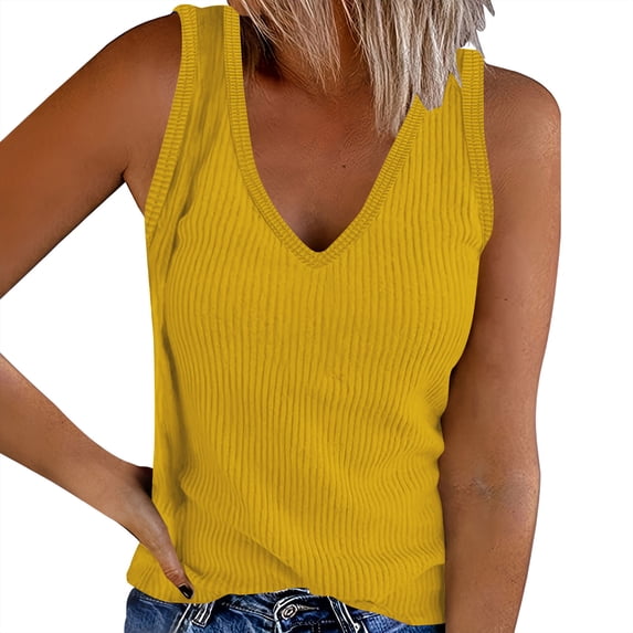 Women's Ribbed Tank Tops Sleeveless V Neck Slim Fit Casual T Shirt Solid Color Basic Tees Yellow,S