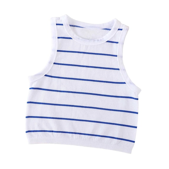 Women's Ribbed Tank Tops Striped Crew Neck Cropped Top Soft Stretch Going Out Summer Camisole Blue L