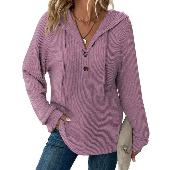 Women's Ribbed Texture Hoodie, Drawstring Hood Sweatshirt with Button Details, Casual Long Sleeve Pullover, Soft Comfortable Sportswear Top, Winter Relaxed Fit Hooded Shirt Purple M