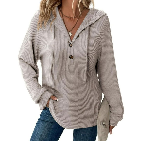 Women's Ribbed Texture Hoodie, Drawstring Hood Sweatshirt with Button Details, Casual Long Sleeve Pullover, Soft Comfortable Sportswear Top, Winter Relaxed Fit Hooded Shirt Khaki S