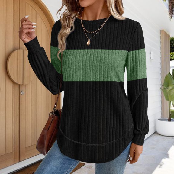 Women's Ribbed Texture Long Sleeve Tops Crew Neck Loose Fit Shirt with Curved Hem Casual Comfort Fall Clothing Basic Versatile Sweater Green S
