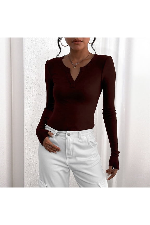 Women's Ribbed Texture V-Neck Long Sleeve Top, Slim Fit Casual Blouse, Soft Stretch Comfort Wear, Fashion Basic Tee, Versatile Everyday Shirt, Second Skin Feel Pullover Coffee S