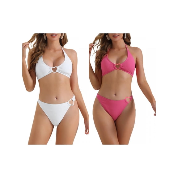 Women's Ribbed Textured Halter Bikini Set, 2 Pieces Cute Heart Ring Triangle Bottoms Swimwear Bathing Suits 2 Sets Small White, Rose Red