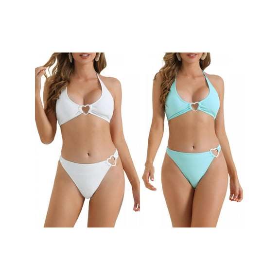 Women's Ribbed Textured Halter Bikini Set, 2 Pieces Cute Heart Ring Triangle Bottoms Swimwear Bathing Suits 2 Sets Small White, Light Blue