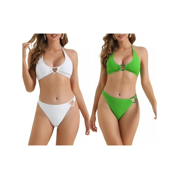 Women's Ribbed Textured Halter Bikini Set, 2 Pieces Cute Heart Ring Triangle Bottoms Swimwear Bathing Suits 2 Sets X-Large White, Green