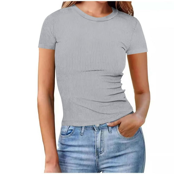Women's Ribbed Tops Slim Fitted Summer Solid Color Short Sleeve Basic Casual Tunic Stretchy Going Out Fashionable Trendy Comfortable Lightweight Soft Tee Shirts