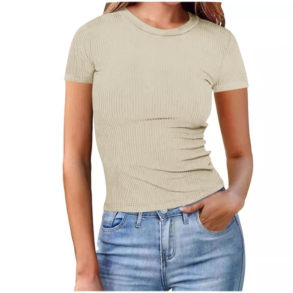 Women's Ribbed Tops Slim Fitted Summer Solid Color Short Sleeve Basic Casual Tunic Stretchy Going Out Fashionable Trendy Comfortable Lightweight Soft Tee Shirts