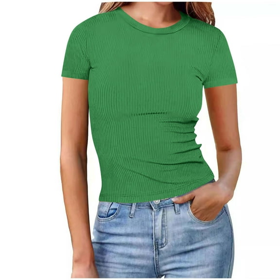 Women's Ribbed Tops Slim Fitted Summer Solid Color Short Sleeve Basic Casual Tunic Stretchy Going Out Fashionable Trendy Comfortable Lightweight Soft Tee Shirts