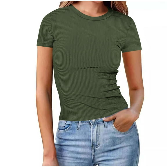 Women's Ribbed Tops Slim Fitted Summer Solid Color Short Sleeve Basic Casual Tunic Stretchy Going Out Fashionable Trendy Comfortable Lightweight Soft Tee Shirts