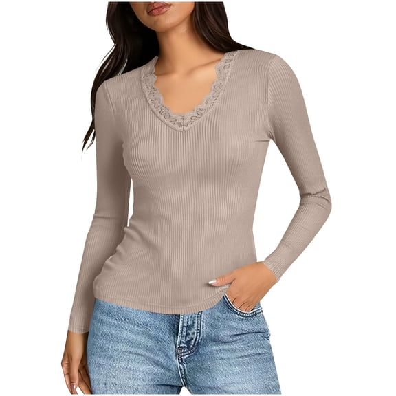 Women's Ribbed Tops with Lace Trim Long Sleeve Slim Fit Base Tee Shirt V Neck Solid Casual Trendy Pullovers (XL, Beige)