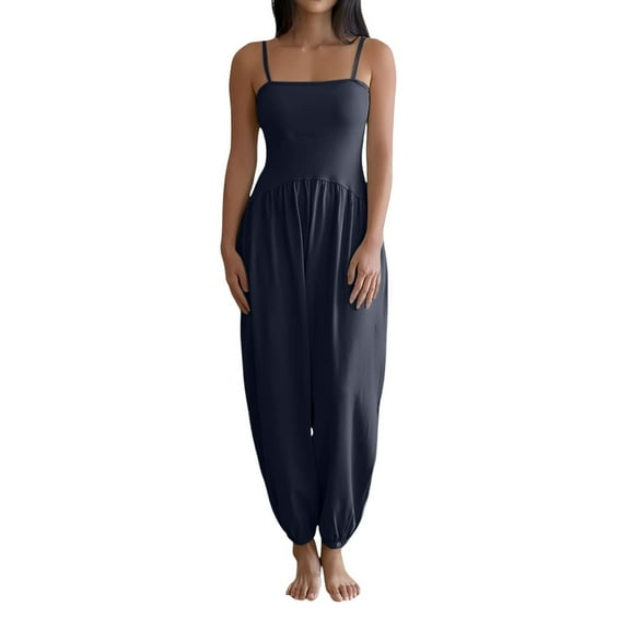 Women's Ribbed Tube Backless Spaghetti Straps Jumpsuit - Wide Leg Yoga Romper with Side Pockets, Casual Sexy Style